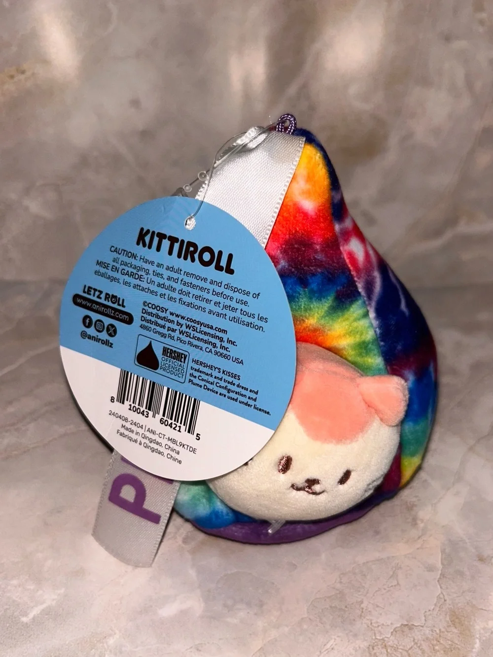 Kids Tie-Dye Plush Keychain with 'Peace' Ribbon - Rainbow